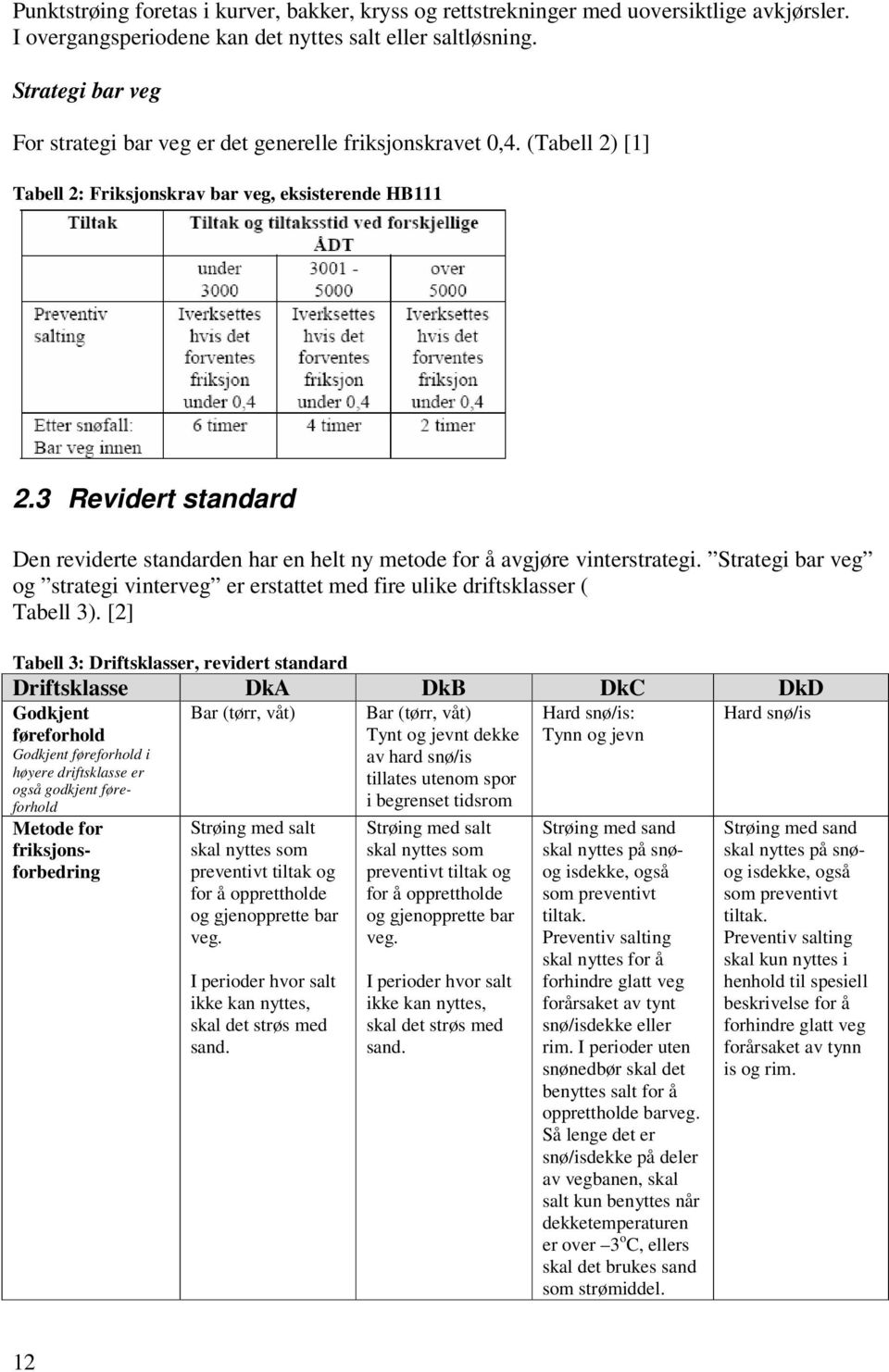 3 Revidert standard Den reviderte standarden har en helt ny metode for å avgjøre vinterstrategi. Strategi bar veg og strategi vinterveg er erstattet med fire ulike driftsklasser ( Tabell 3).