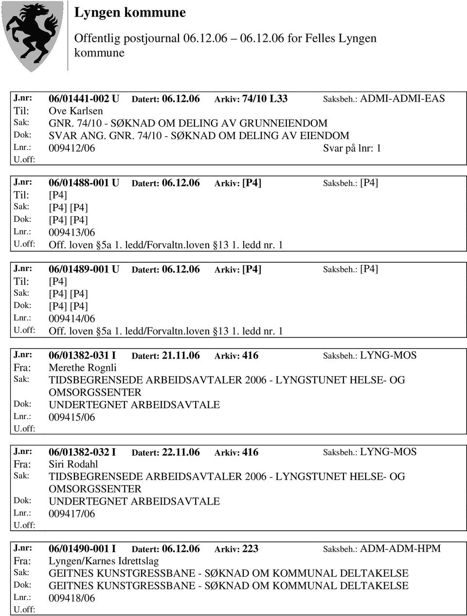 loven 5a 1. ledd/forvaltn.loven 13 1. ledd nr. 1 J.nr: 06/01382-031 I Datert: 21.11.06 Arkiv: 416 Saksbeh.