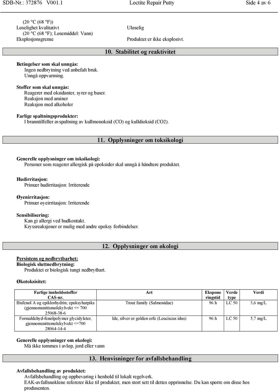 Reaksjon med aminer Reaksjon med alkoholer Farlige spaltningsprodukter: I branntilfeller avspaltning av kullmonoksid (CO) og kulldioksid (CO2). 11.