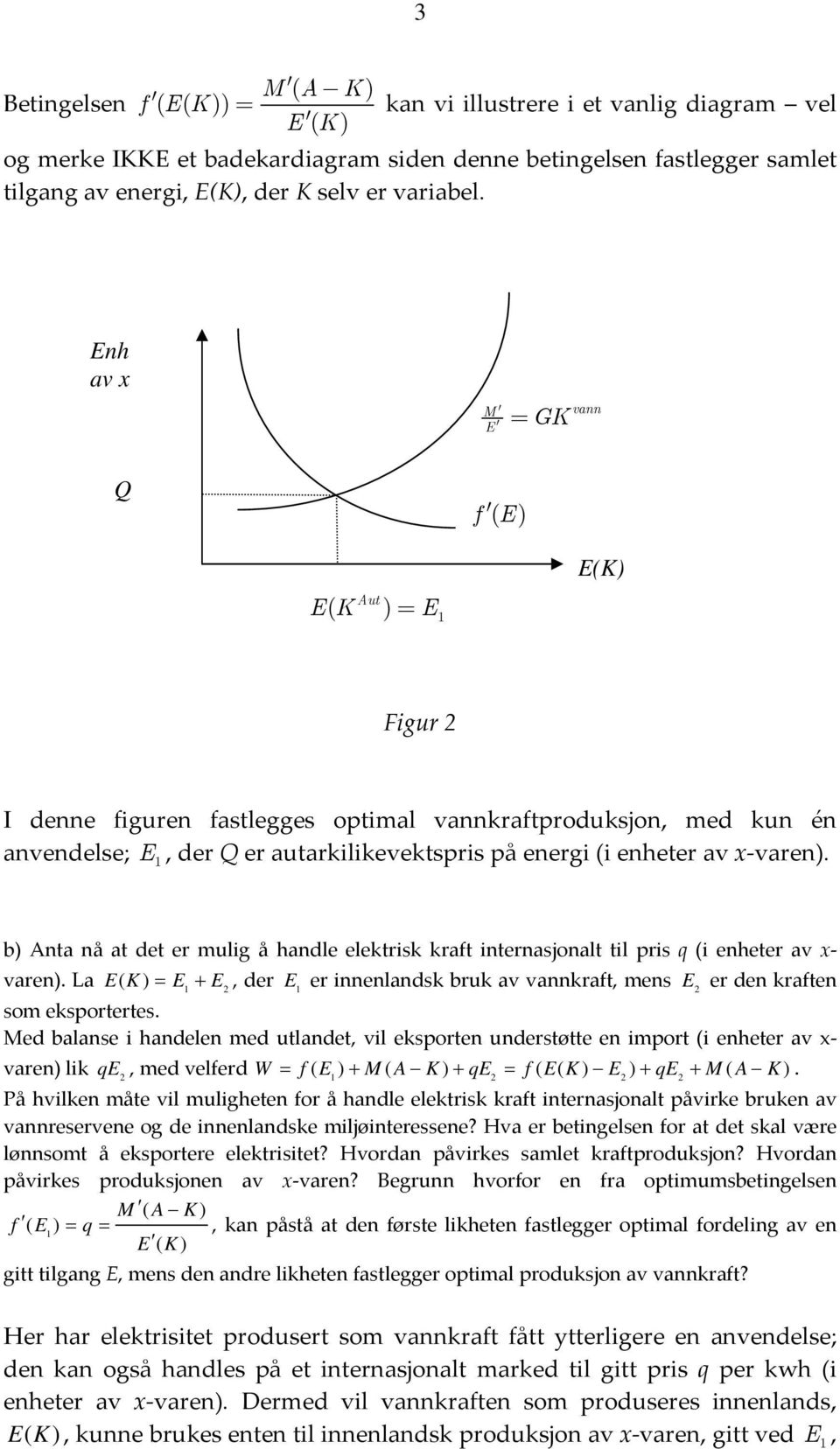 E b) Anta nå at det er mulig å handle elektrisk kraft internasjonalt til ris q (i enheter av x varen). La EK ( ) = E+ E, der E er innenlandsk bruk av vannkraft, mens E er den kraften som eksortertes.