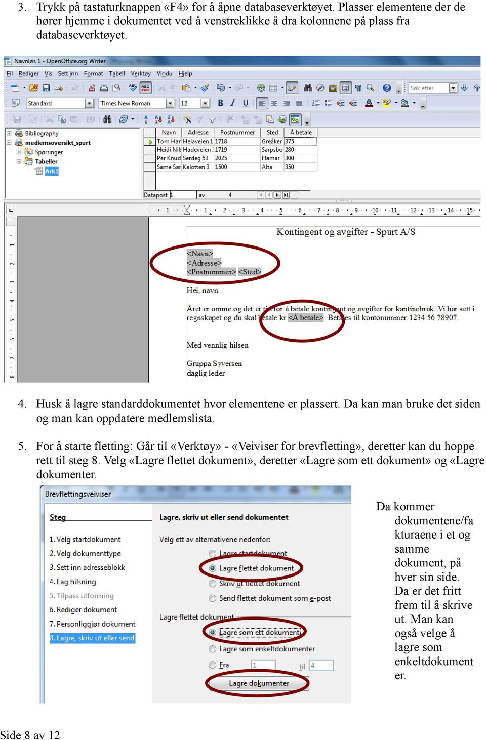 Husk å lagre standarddokumentet hvor elementene er plassert. Da kan man bruke det siden og man kan oppdatere medlemslista. 5.