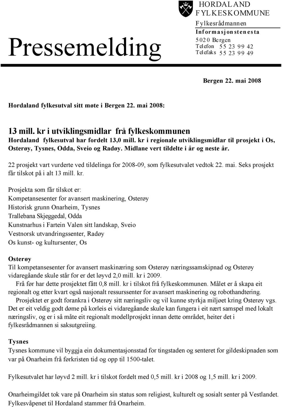 Midlane vert tildelte i år og neste år. 22 prosjekt vart vurderte ved tildelinga for 2008-09, som fylkesutvalet vedtok 22. mai. Seks prosjekt får tilskot på i alt 13 mill. kr.