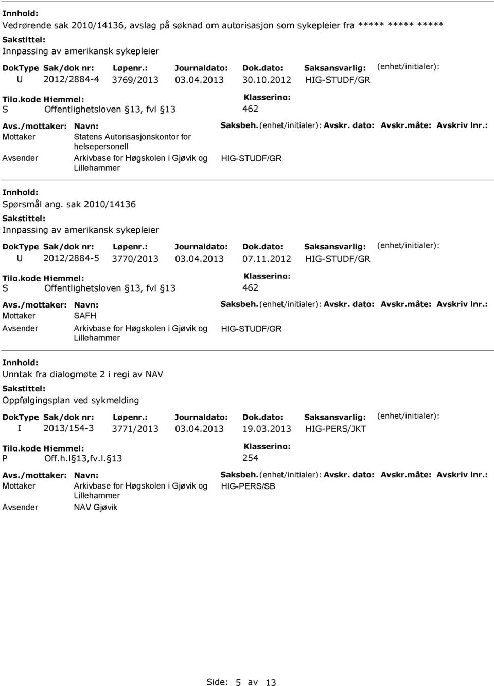 sak 2010/14136 nnpassing av amerikansk sykepleier 2012/2884-5 3770/2013 07.11.2012 HG-TDF/GR 462 Avs./mottaker: Navn: aksbeh. Avskr. dato: Avskr.måte: Avskriv lnr.