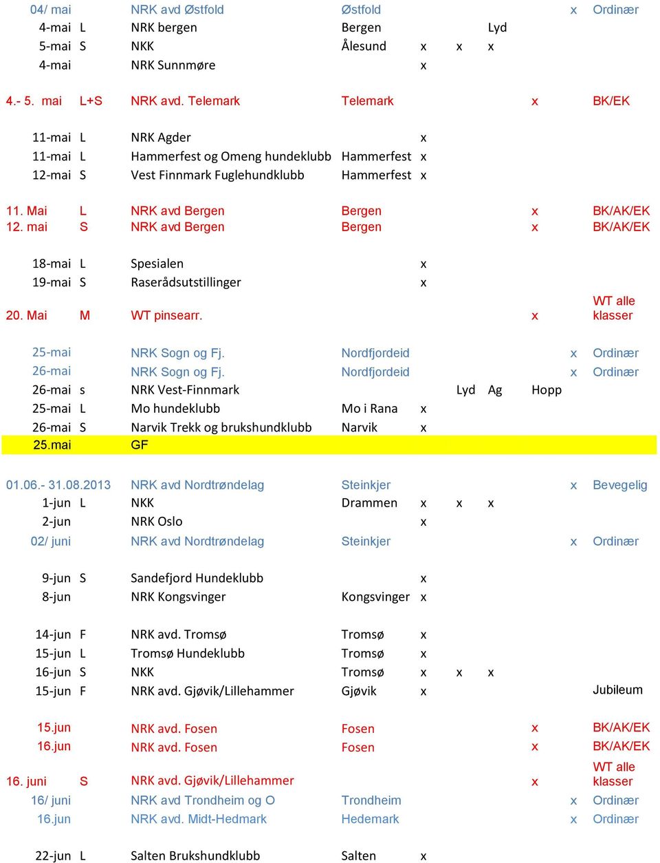 mai S NRK avd Bergen Bergen x 18-mai L Spesialen x 19-mai S Raserådsutstillinger x 20. Mai M WT pinsearr. x 25-mai NRK Sogn og Fj. Nordfjordeid x Ordinær 26-mai NRK Sogn og Fj.