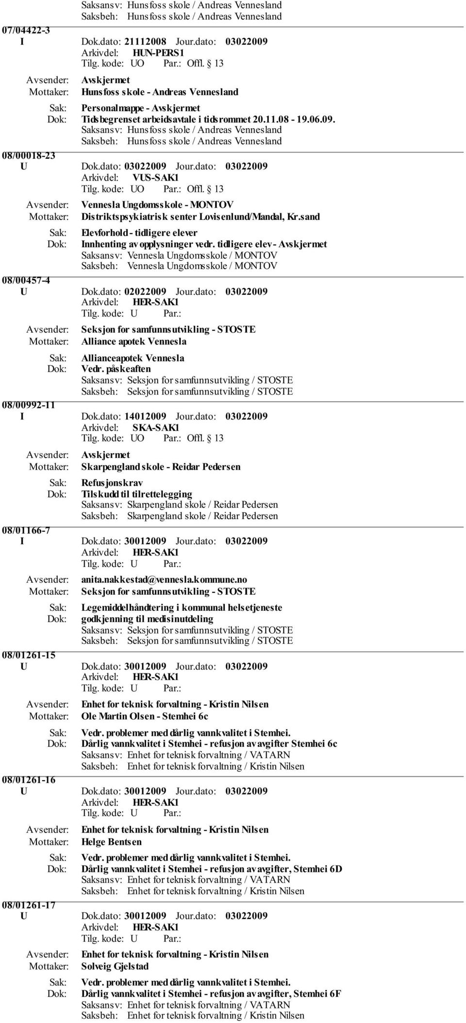 Saksansv: Hunsfoss skole / Andreas Vennesland 08/00018-23 U Dok.dato: Jour.dato: Arkivdel: VUS-SAK1 Vennesla Ungdomsskole - MONTOV Distriktspsykiatrisk senter Lovisenlund/Mandal, Kr.