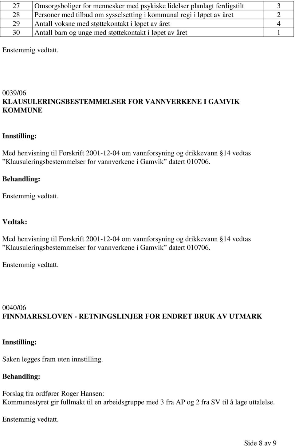 drikkevann 14 vedtas Klausuleringsbestemmelser for vannverkene i Gamvik datert 010706.