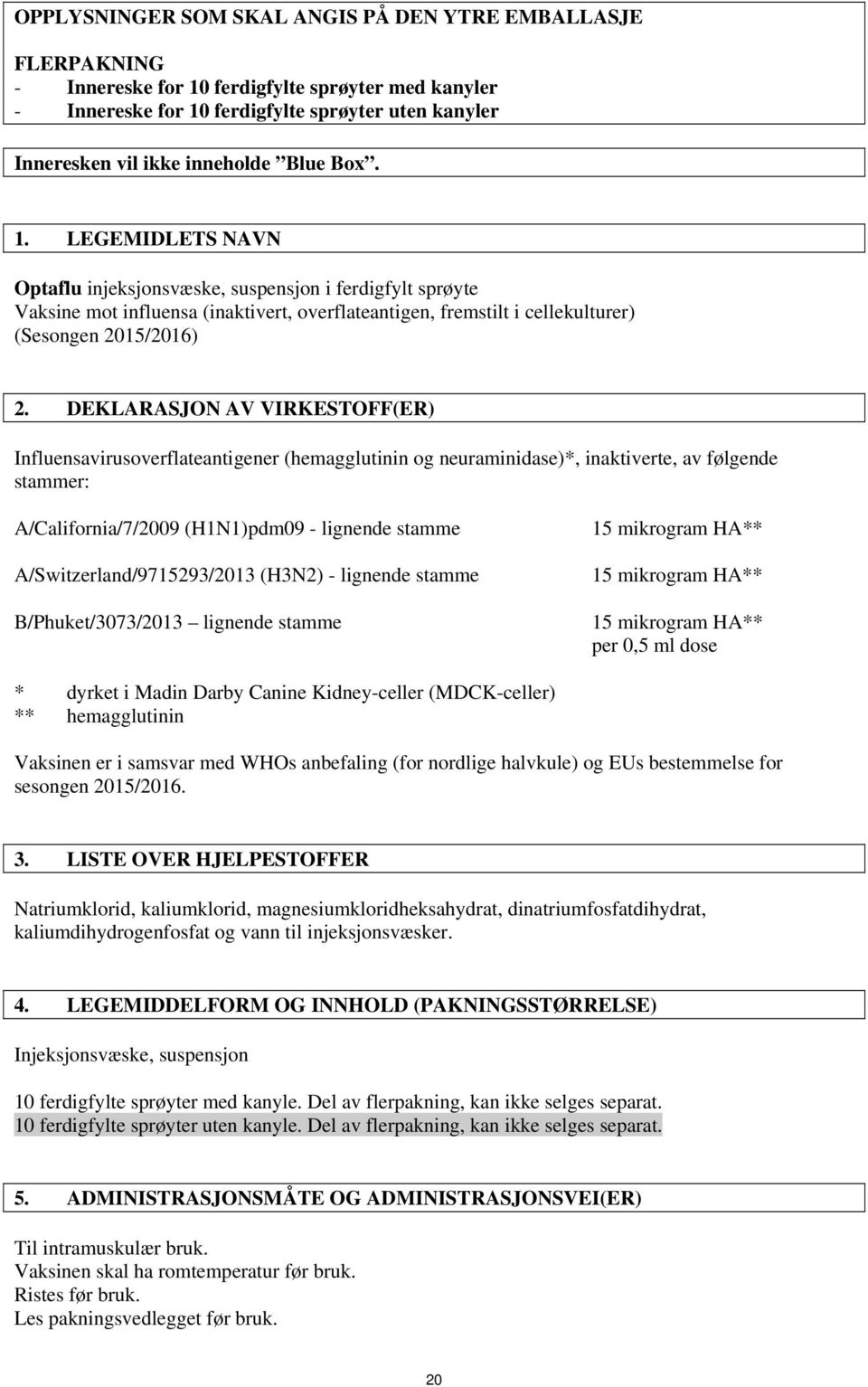 DEKLARASJON AV VIRKESTOFF(ER) Influensavirusoverflateantigener (hemagglutinin og neuraminidase)*, inaktiverte, av følgende stammer: A/California/7/2009 (H1N1)pdm09 - lignende stamme