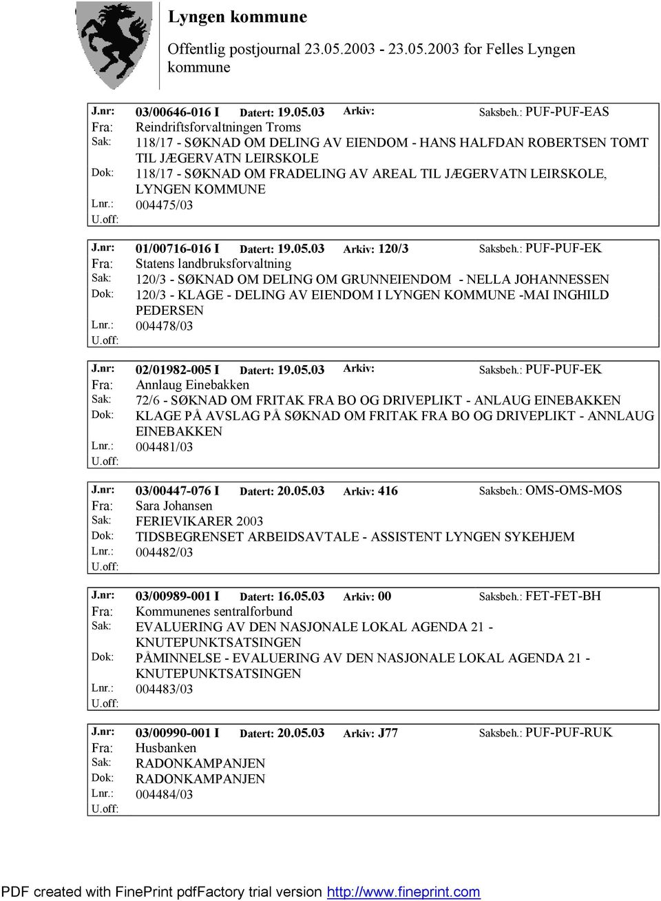 GERVATN LEIRSKOLE, LYNGEN KOMMUNE Lnr.: 004475/03 J.nr: 01/00716-016 I Datert: 19.05.03 Arkiv: 120/3 Saksbeh.