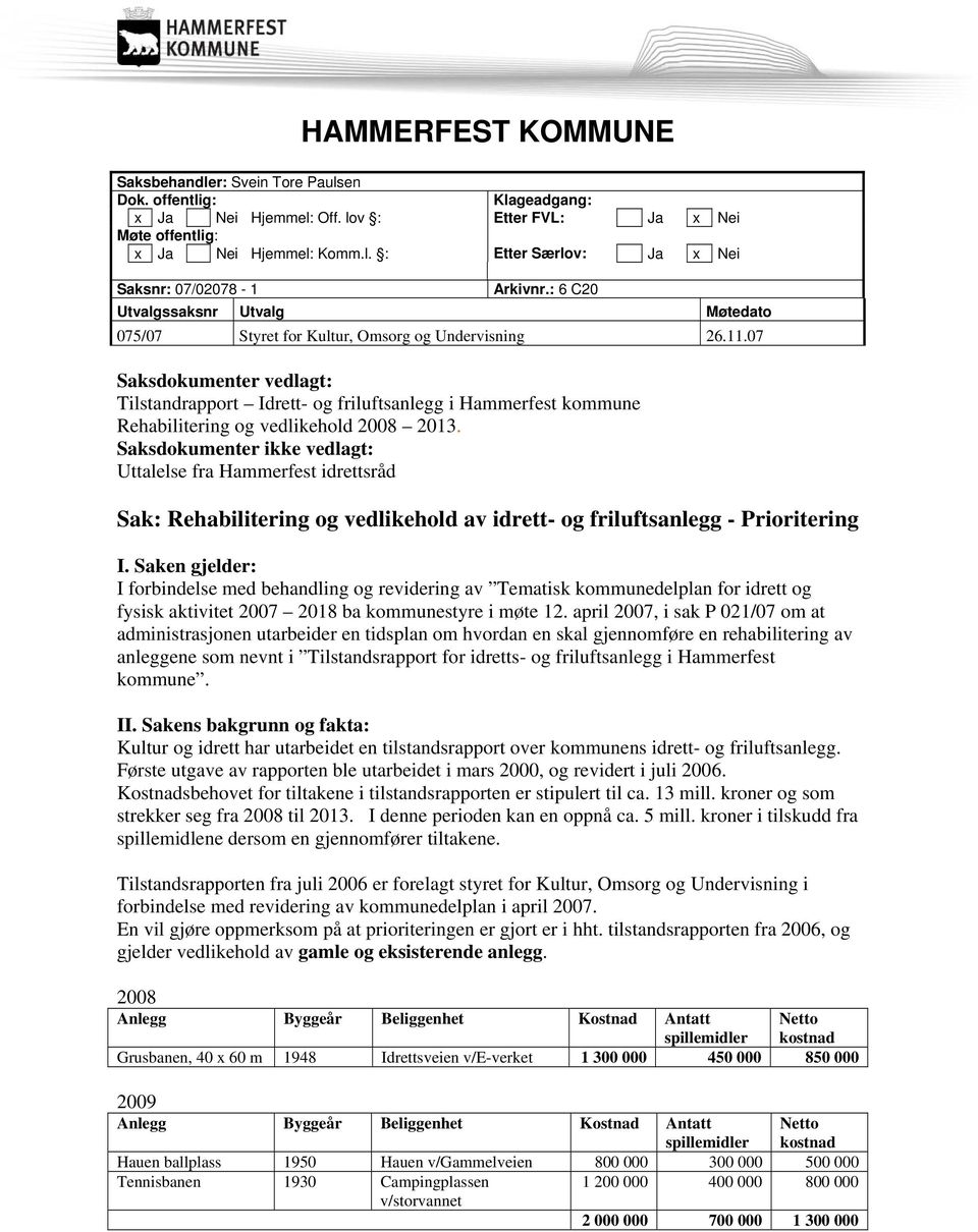 07 Saksdokumenter vedlagt: Tilstandrapport Idrett- og friluftsanlegg i Hammerfest kommune Rehabilitering og vedlikehold 2008 2013.