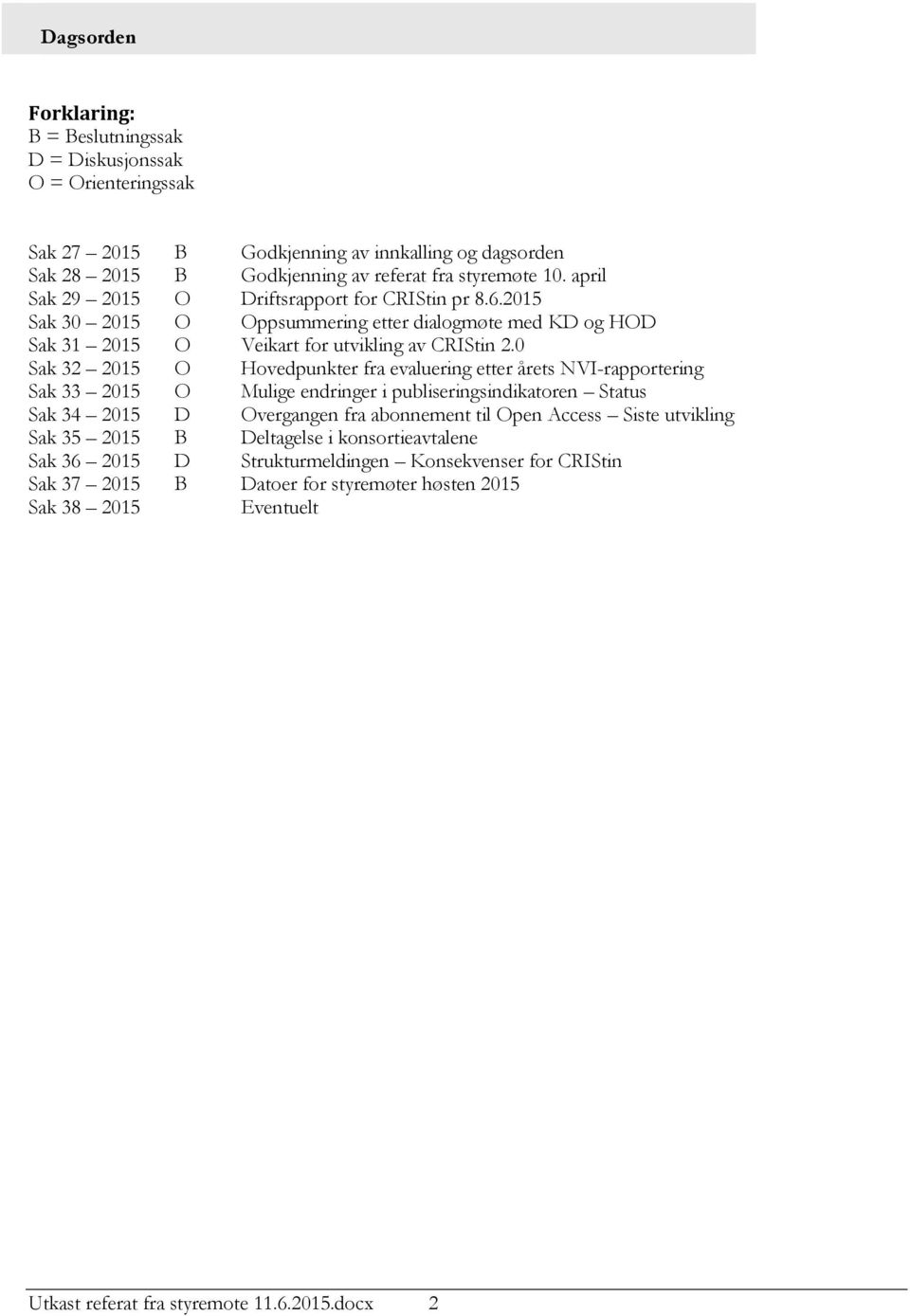 0 Sak 32 2015 O Hovedpunkter fra evaluering etter årets NVI-rapportering Sak 33 2015 O Mulige endringer i publiseringsindikatoren Status Sak 34 2015 D Overgangen fra abonnement til Open Access