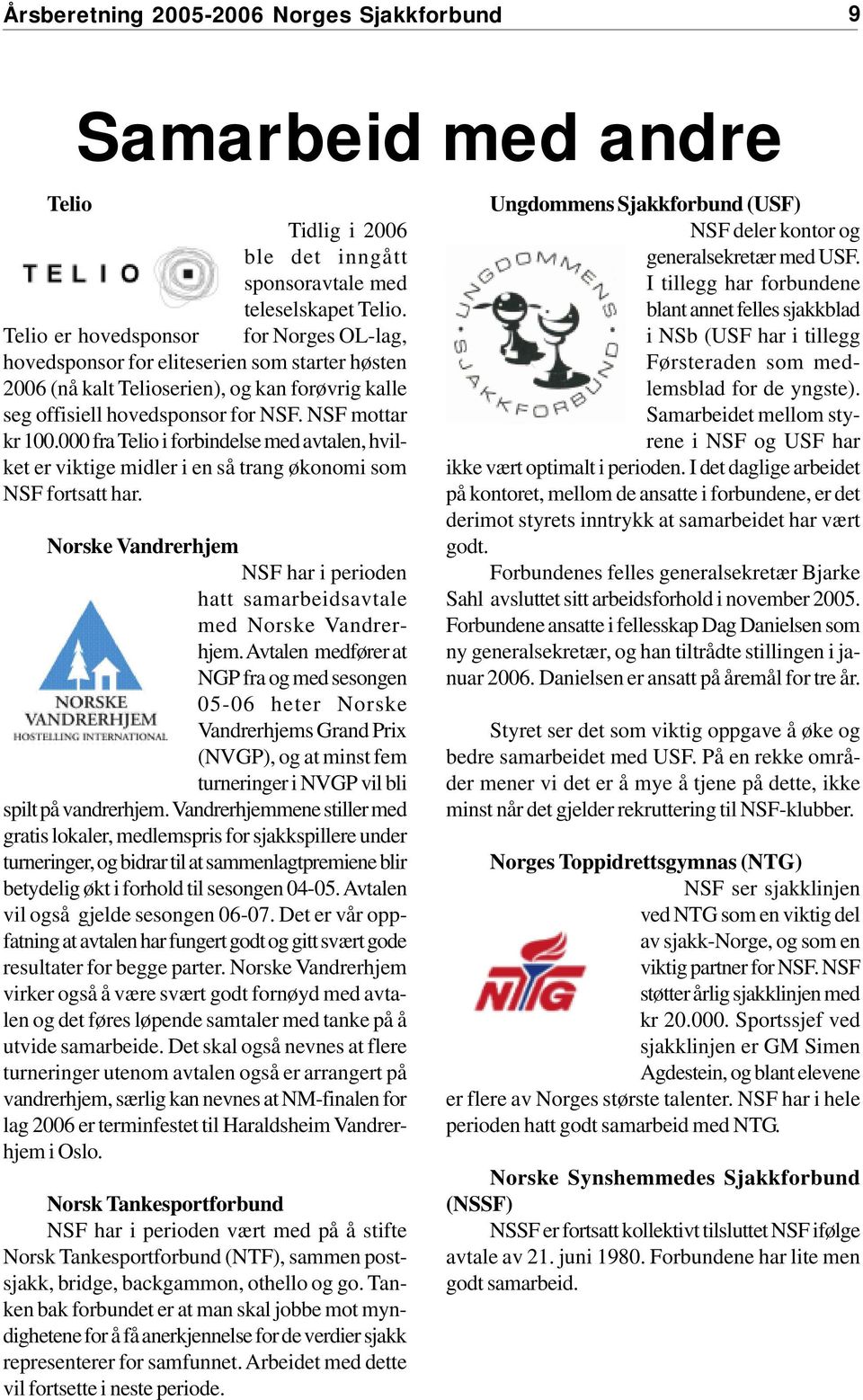fra Telio i forbindelse med avtalen, hvilket er viktige midler i en så trang økonomi som NSF fortsatt har. Norske Vandrerhjem NSF har i perioden hatt samarbeidsavtale med Norske Vandrerhjem.
