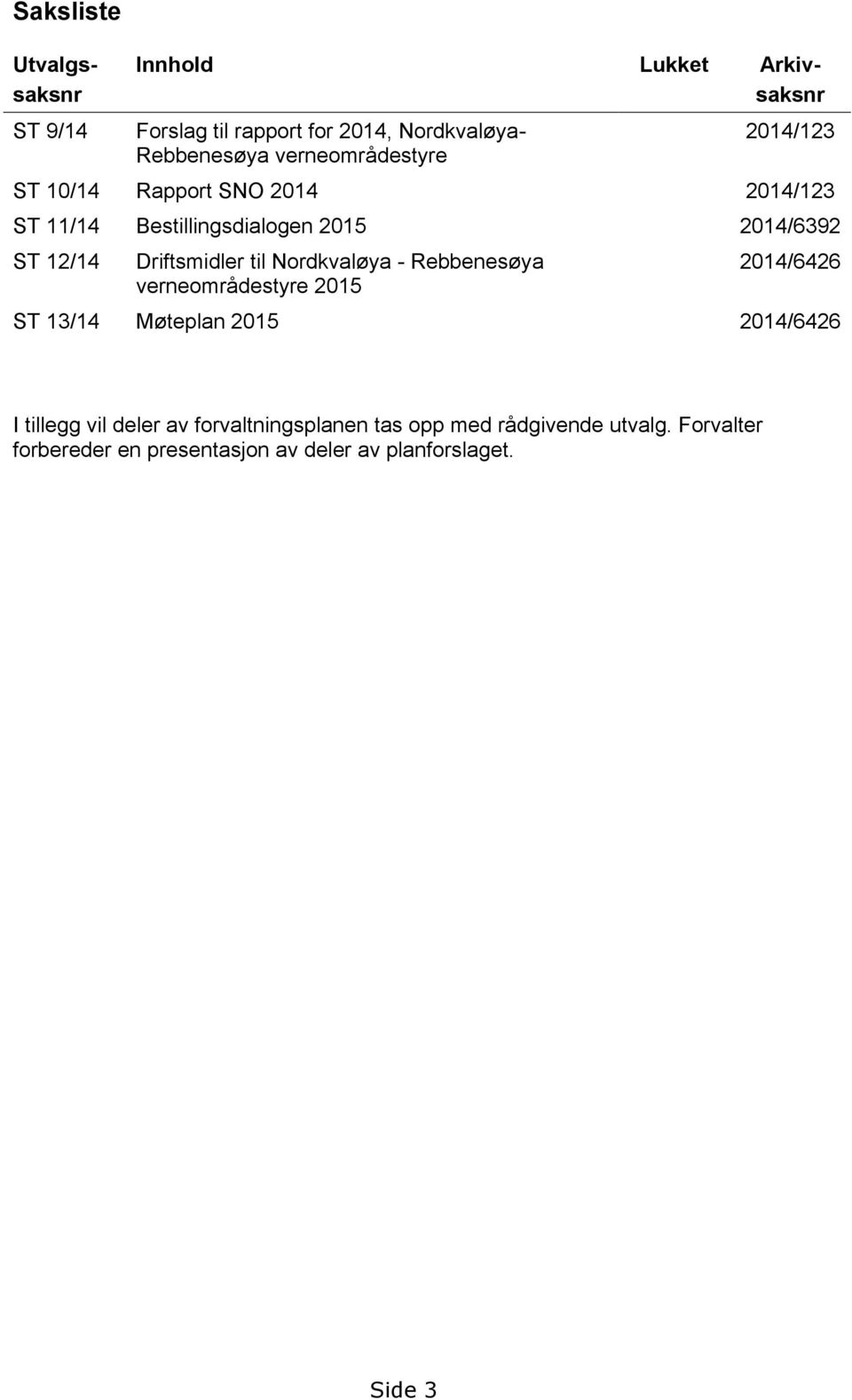 Driftsmidler til Nordkvaløya - Rebbenesøya verneområdestyre 2015 2014/6426 ST 13/14 Møteplan 2015 2014/6426 I tillegg