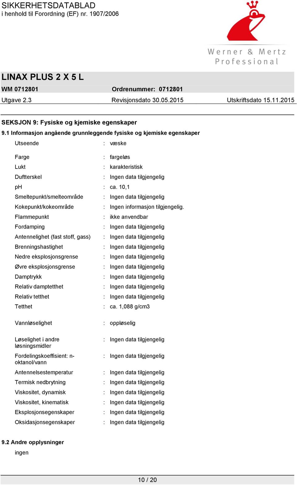 Flammepunkt : ikke anvendbar Fordamping Antennelighet (fast stoff, gass) Brenningshastighet Nedre eksplosjonsgrense Øvre eksplosjonsgrense Damptrykk Relativ damptetthet Relativ tetthet