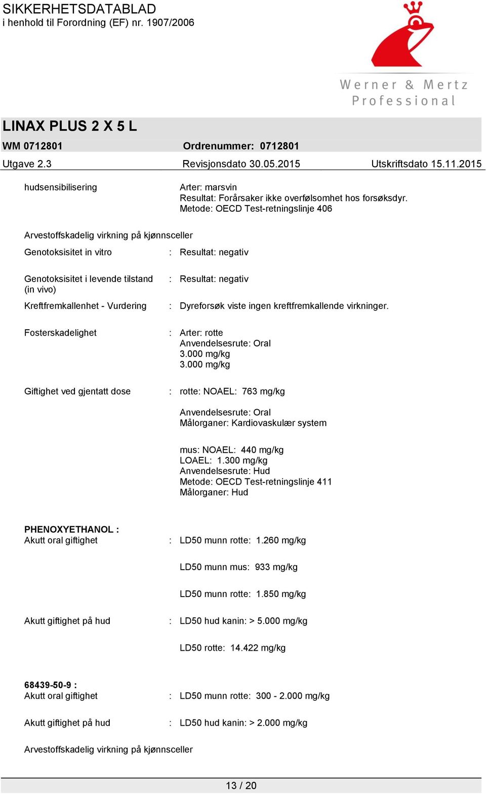 Fosterskadelighet Giftighet ved gjentatt dose : Resultat: negativ : Dyreforsøk viste ingen kreftfremkallende virkninger. : Arter: rotte Anvendelsesrute: Oral 3.000 mg/kg 3.