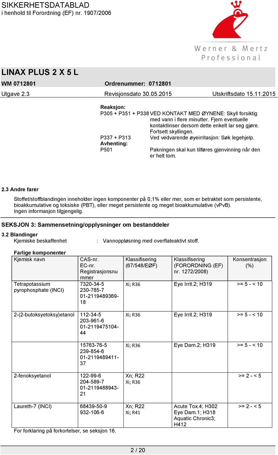 3 Andre farer Stoffet/stoffblandingen inneholder ingen komponenter på 0,1% eller mer, som er betraktet som persistente, bioakkumulative og toksiske (PBT), eller meget persistente og meget