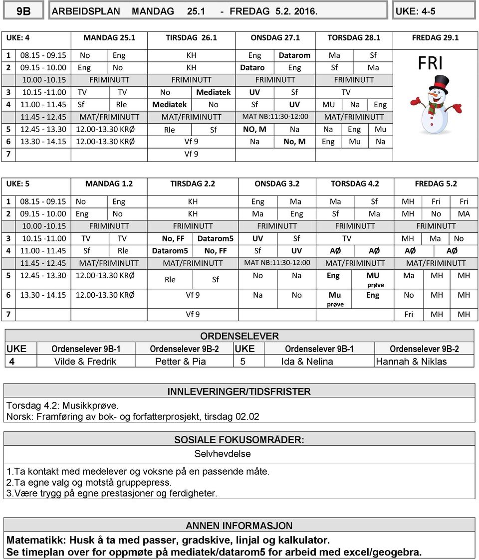 45 MAT/FRIMINUTT MAT/FRIMINUTT MAT NB:11:30-12:00 MAT/FRIMINUTT 5 12.45-13.30 12.00-13.30 KRØ Rle Sf NO, M Na Na Eng Mu 6 13.30-14.15 12.00-13.30 KRØ Vf 9 Na No, M Eng Mu Na 7 Vf 9 FRI UKE: 5 MANDAG 1.