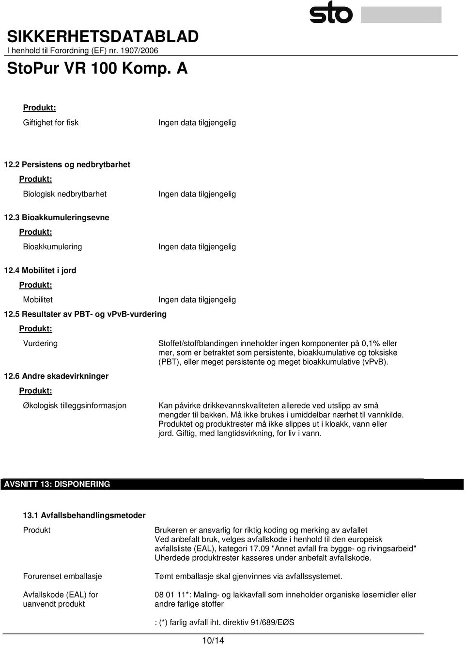 6 Andre skadevirkninger Produkt: Økologisk tilleggsinformasjon Stoffet/stoffblandingen inneholder ingen komponenter på 0,1% eller mer, som er betraktet som persistente, bioakkumulative og toksiske