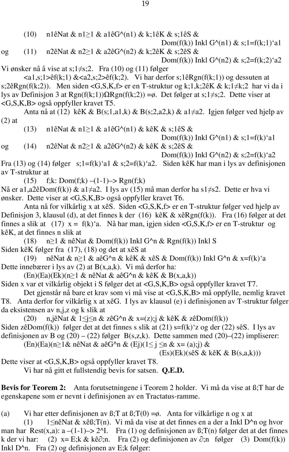 Men siden <G,S,K,f> er en T-struktur og k;1,k;2êk & k;1 k;2 har vi da i lys av Definisjon 3 at Rgn(f(k;1))ΩRgn(f(k;2)) =ø. Det følger at s;1 s;2. Dette viser at <G,S,K,B> også oppfyller kravet T5.