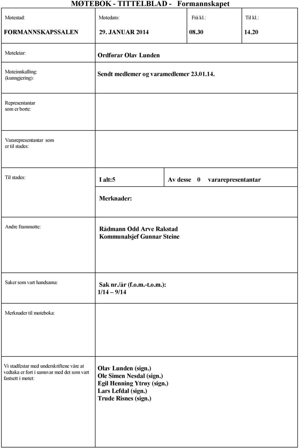 Representantar som er borte: Vararepresentantar som er til stades: Til stades: I alt:5 Av desse 0 vararepresentantar Merknader: Andre frammøtte: Rådmann Odd Arve Rakstad