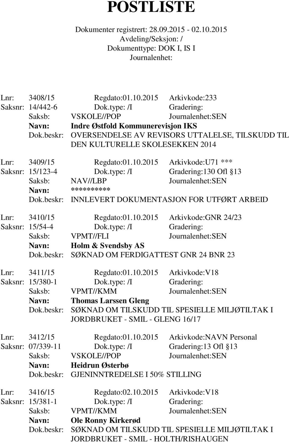 type: /I Gradering:130 Ofl 13 Saksb: NAV//LBP SEN Navn: ********** Dok.beskr: INNLEVERT DOKUMENTASJON FOR UTFØRT ARBEID Lnr: 3410/15 Regdato:01.10.2015 Arkivkode:GNR 24/23 Saksnr: 15/54-4 Dok.