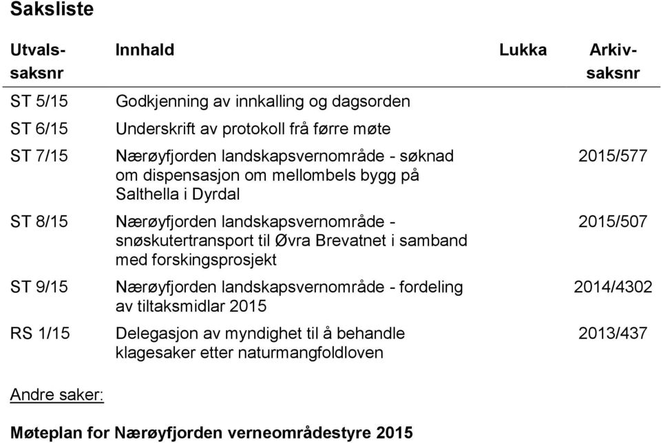 snøskutertransport til Øvra Brevatnet i samband med forskingsprosjekt ST 9/15 RS 1/15 Andre saker: Nærøyfjorden landskapsvernområde - fordeling av