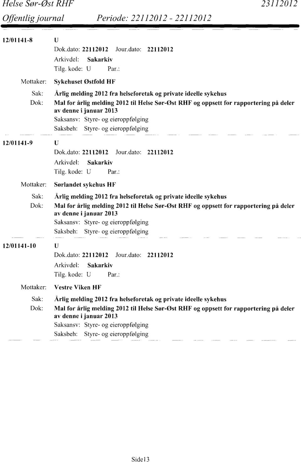 Vestre Viken HF Dok: Mal for årlig melding 2012 til