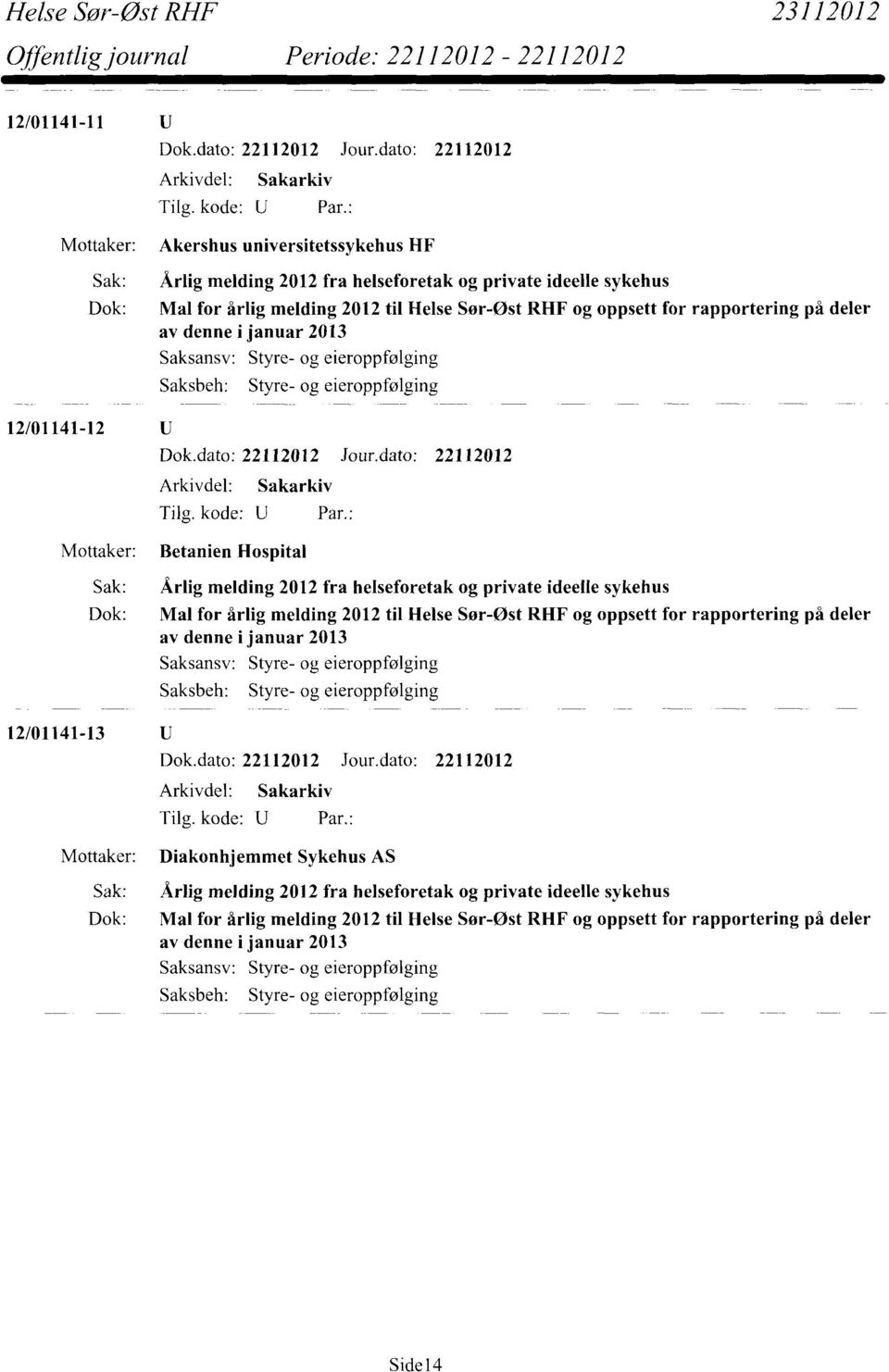 Hospital Dok: Mal for årlig melding 2012 til Helse Sor-øst RHF og oppsett for rapportering på deler 12/01141-13