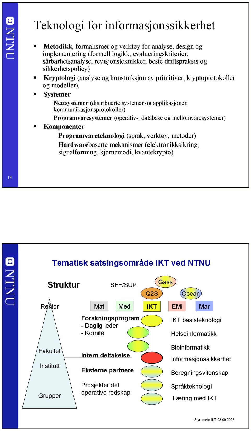 kommunikasjonsprotokoller) Programvaresystemer (operativ-, database og mellomvaresystemer) Komponenter Programvareteknologi (språk, verktøy, metoder) Hardwarebaserte mekanismer (elektronikksikring,