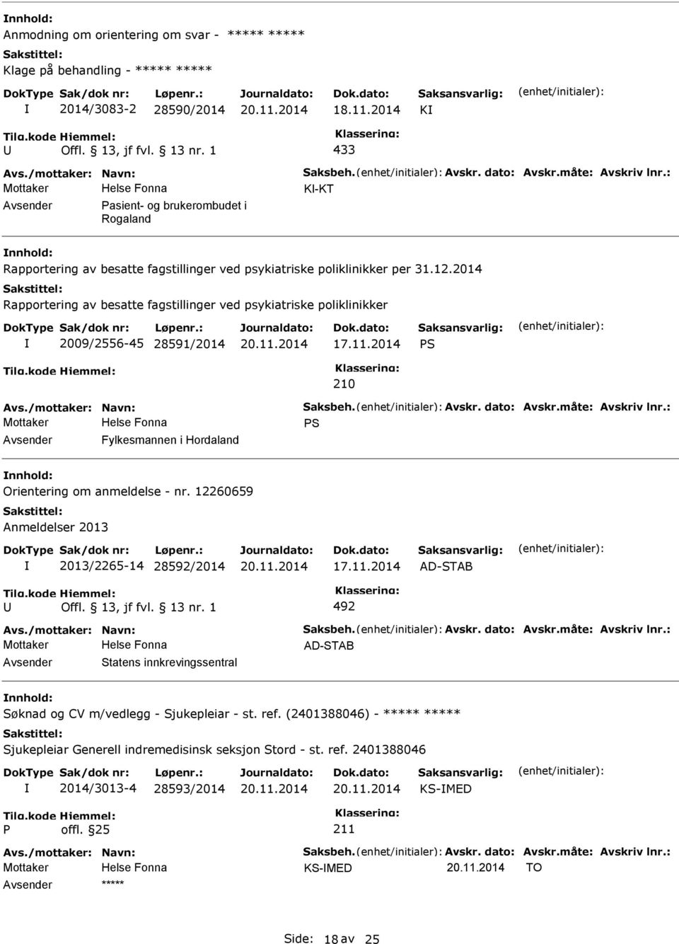 2014 Rapportering av besatte fagstillinger ved psykiatriske poliklinikker 2009/2556-45 28591/2014 17.11.2014 S 210 Avs./mottaker: Navn: Saksbeh. Avskr. dato: Avskr.måte: Avskriv lnr.