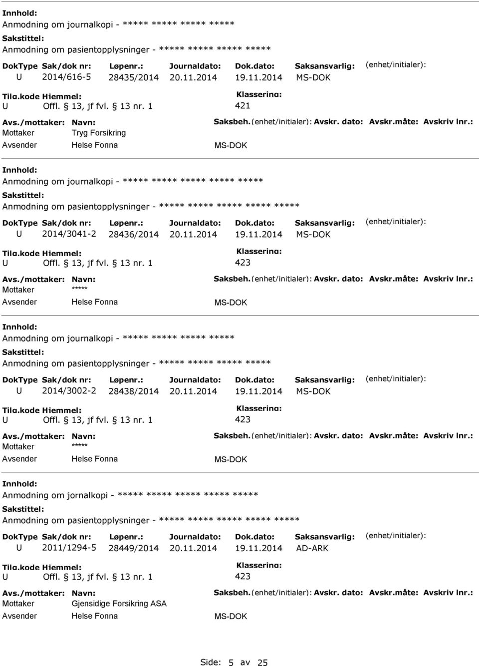 måte: Avskriv lnr.: Anmodning om journalkopi - ***** ***** ***** ***** 2014/3002-2 28438/2014 Avs./mottaker: Navn: Saksbeh. Avskr. dato: Avskr.måte: Avskriv lnr.: Anmodning om jornalkopi - ***** ***** ***** ***** ***** ***** 2011/1294-5 28449/2014 AD-ARK Avs.