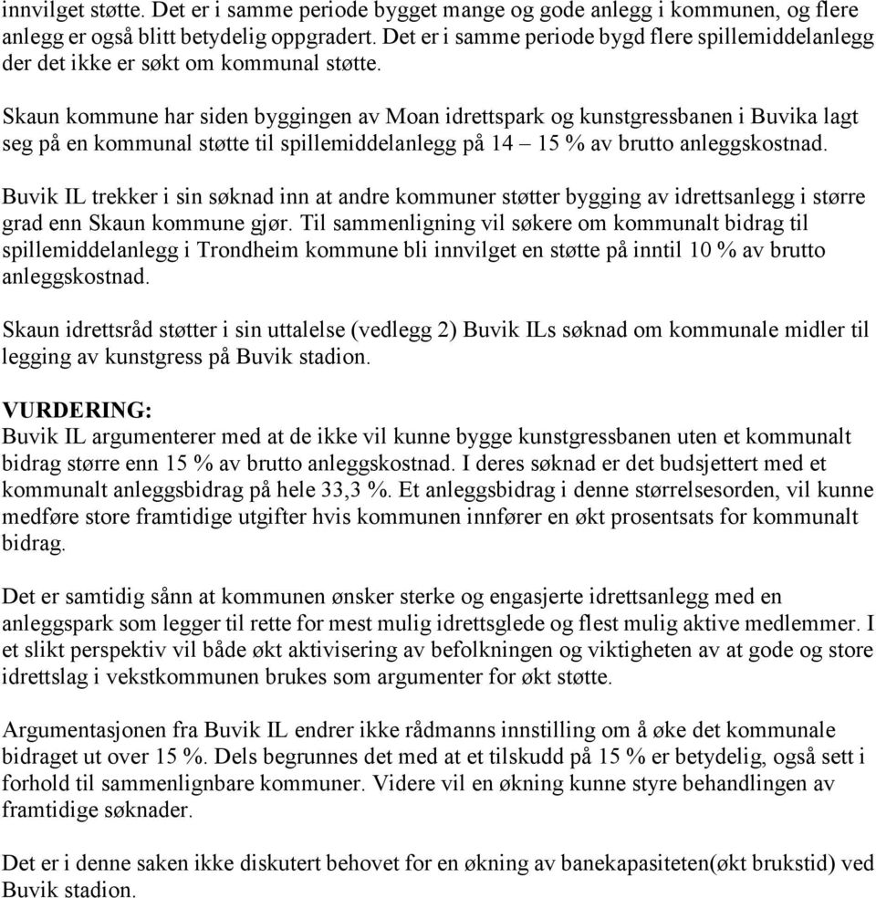 Skaun kommune har siden byggingen av Moan idrettspark og kunstgressbanen i Buvika lagt seg på en kommunal støtte til spillemiddelanlegg på 14 15 % av brutto anleggskostnad.