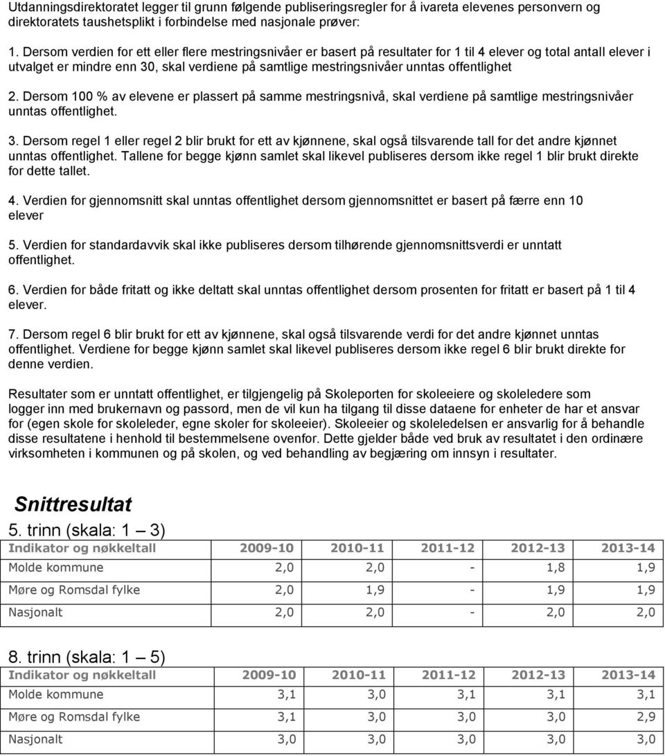 offentlighet 2. Dersom 100 % av elevene er plassert på samme mestringsnivå, skal verdiene på samtlige mestringsnivåer unntas offentlighet. 3.