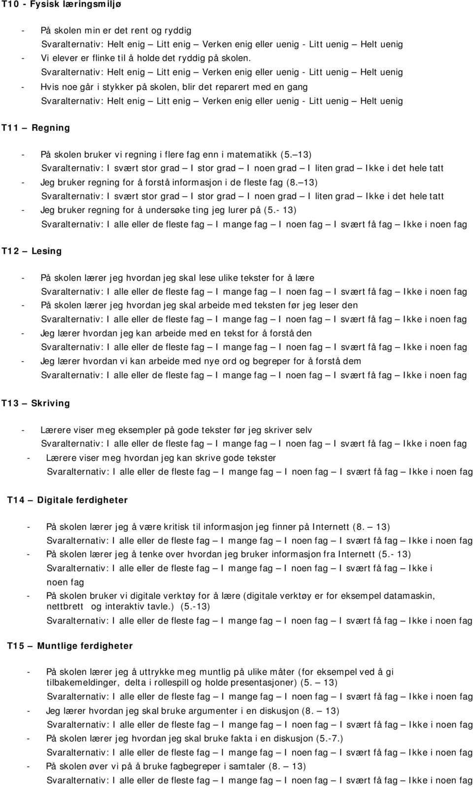 T11 Regning - På skolen bruker vi regning i flere fag enn i matematikk (5. 13) - Jeg bruker regning for å forstå informasjon i de fleste fag (8.