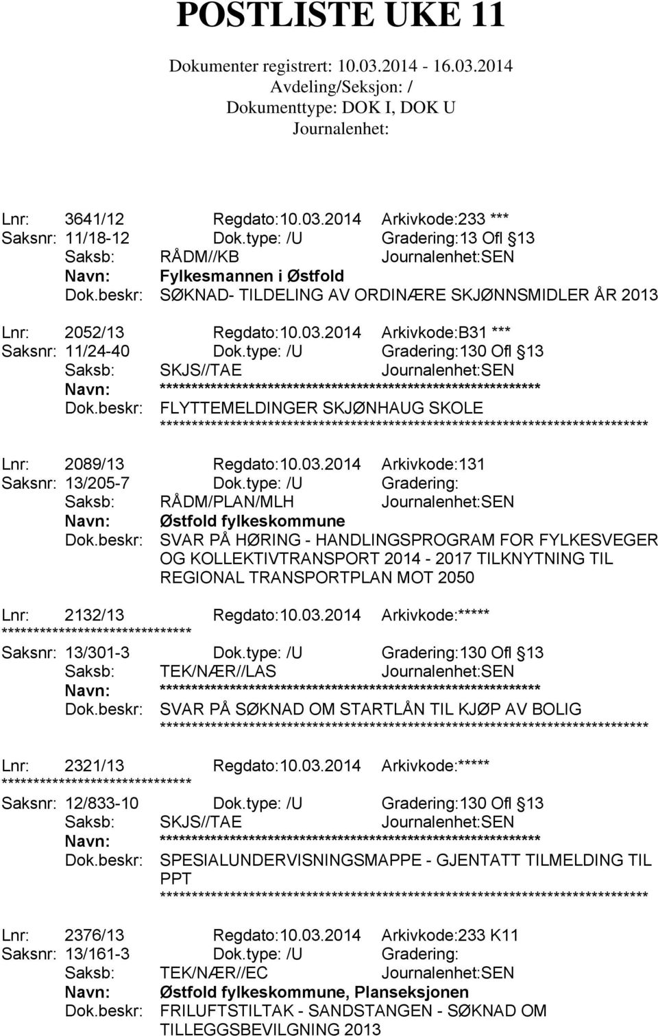 beskr: FLYTTEMELDINGER SKJØNHAUG SKOLE Lnr: 2089/13 Regdato:10.03.2014 Arkivkode:131 Saksnr: 13/205-7 Dok.type: /U Gradering: Saksb: RÅDM/PLAN/MLH SEN Navn: Østfold fylkeskommune Dok.