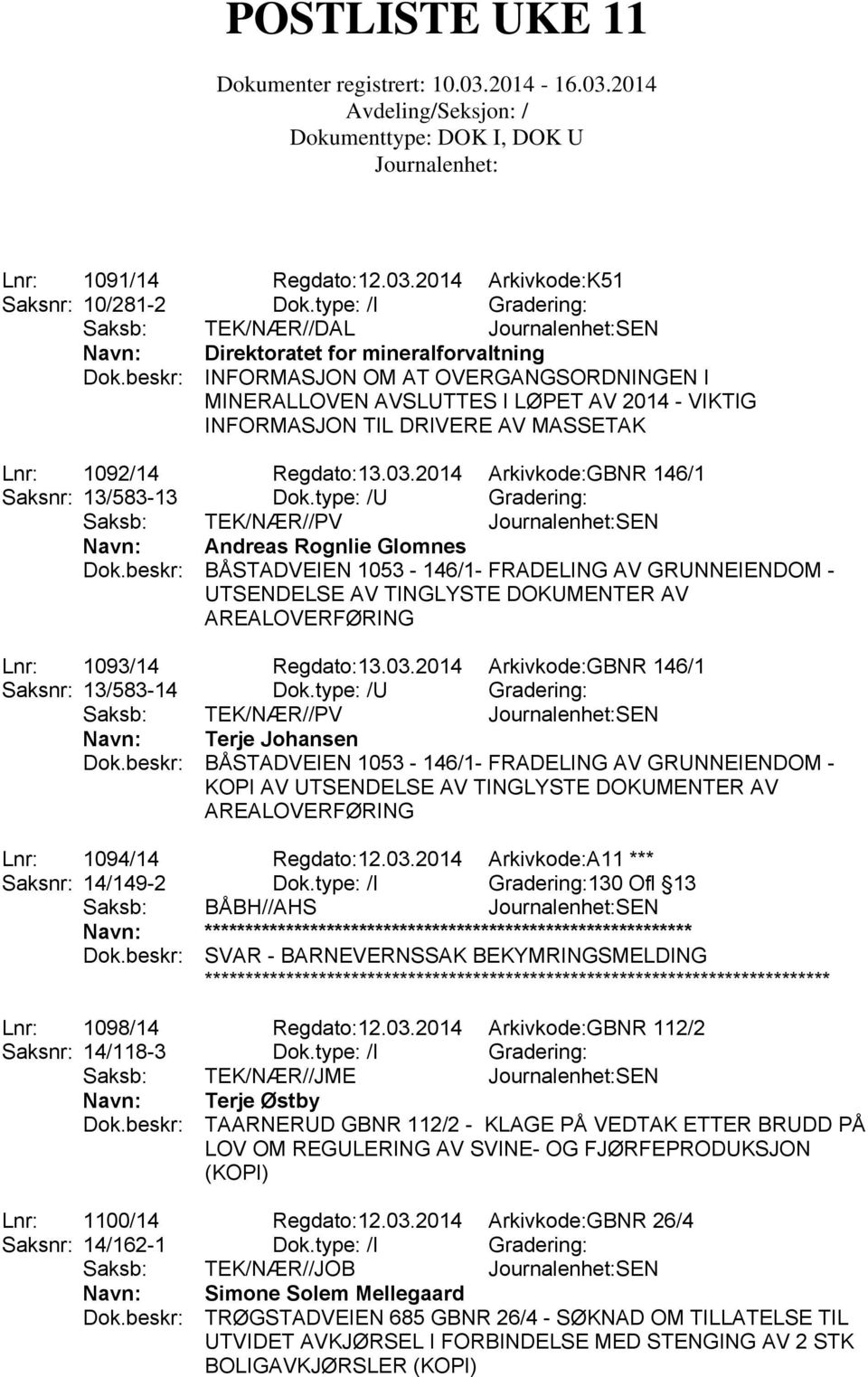 2014 Arkivkode:GBNR 146/1 Saksnr: 13/583-13 Dok.type: /U Gradering: Saksb: TEK/NÆR//PV SEN Navn: Andreas Rognlie Glomnes Dok.