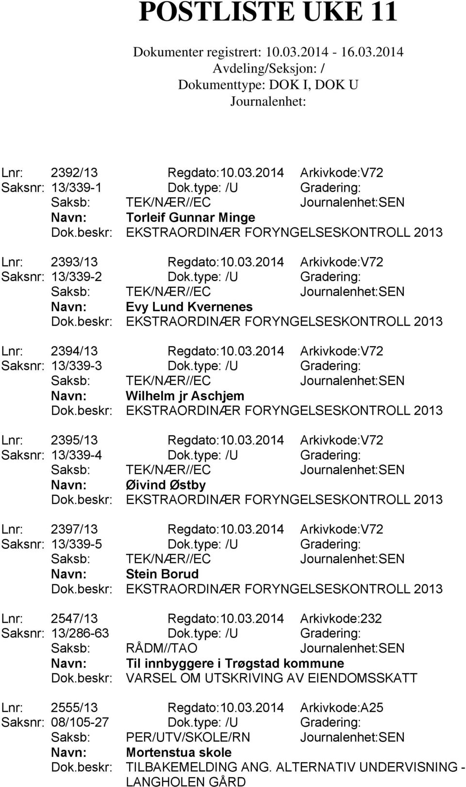 beskr: EKSTRAORDINÆR FORYNGELSESKONTROLL 2013 Lnr: 2394/13 Regdato:10.03.2014 Arkivkode:V72 Saksnr: 13/339-3 Dok.type: /U Gradering: Saksb: TEK/NÆR//EC SEN Navn: Wilhelm jr Aschjem Dok.