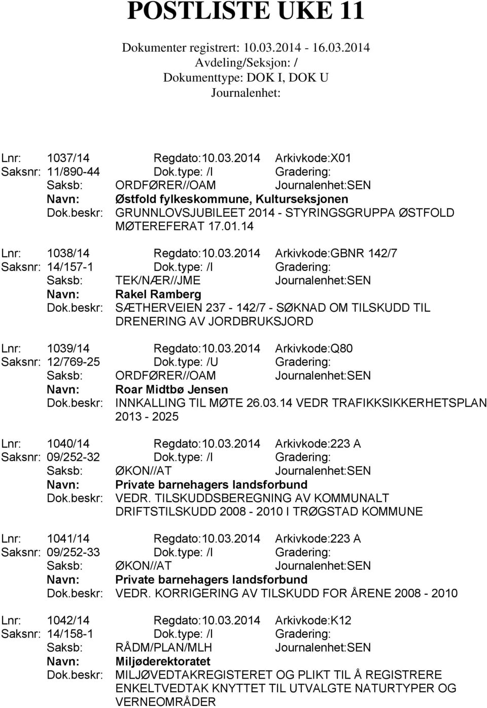 type: /I Gradering: Saksb: TEK/NÆR//JME SEN Navn: Rakel Ramberg Dok.beskr: SÆTHERVEIEN 237-142/7 - SØKNAD OM TILSKUDD TIL DRENERING AV JORDBRUKSJORD Lnr: 1039/14 Regdato:10.03.2014 Arkivkode:Q80 Saksnr: 12/769-25 Dok.