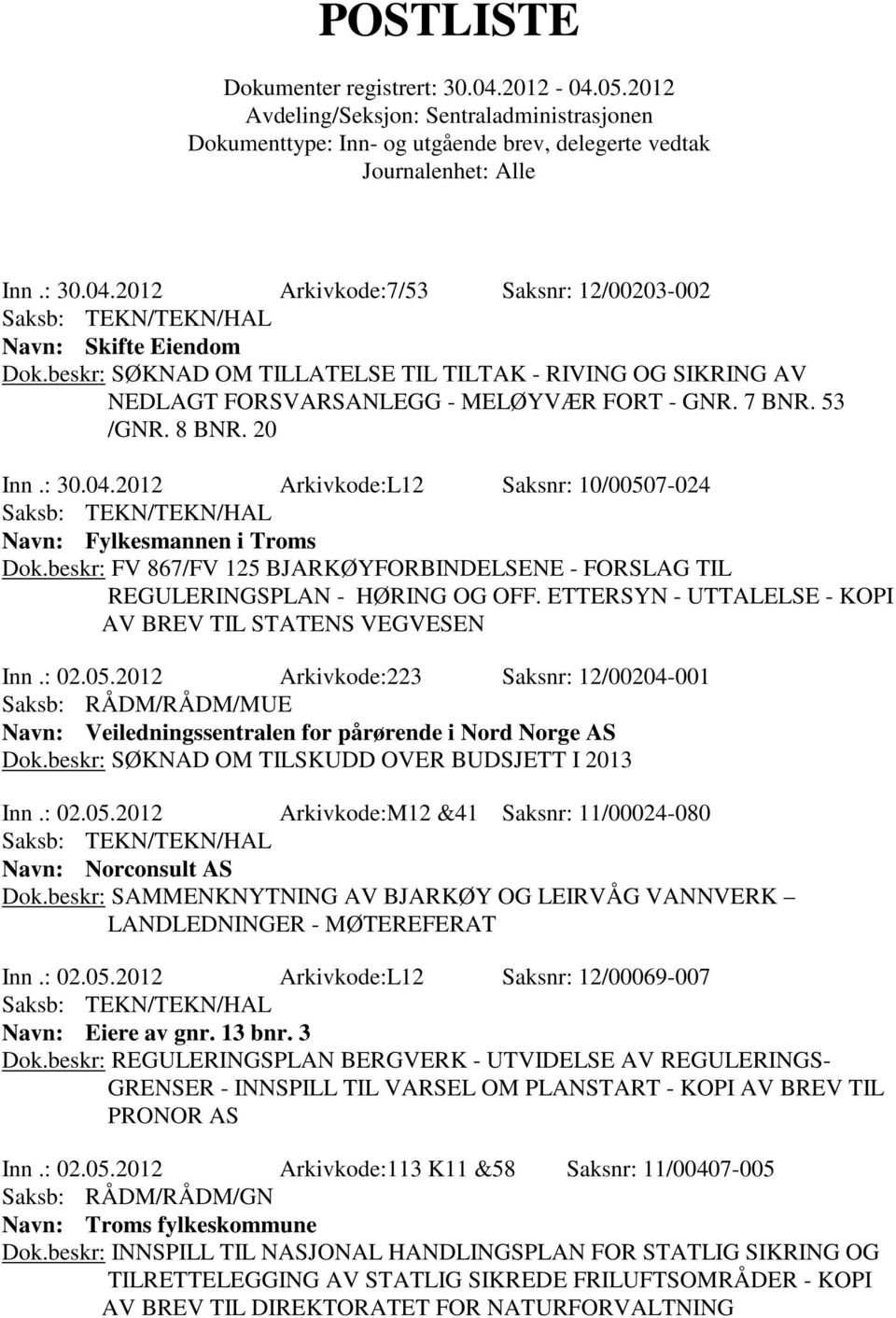 ETTERSYN - UTTALELSE - KOPI AV BREV TIL STATENS VEGVESEN Inn.: 02.05.2012 Arkivkode:223 Saksnr: 12/00204-001 Navn: Veiledningssentralen for pårørende i Nord Norge AS Dok.