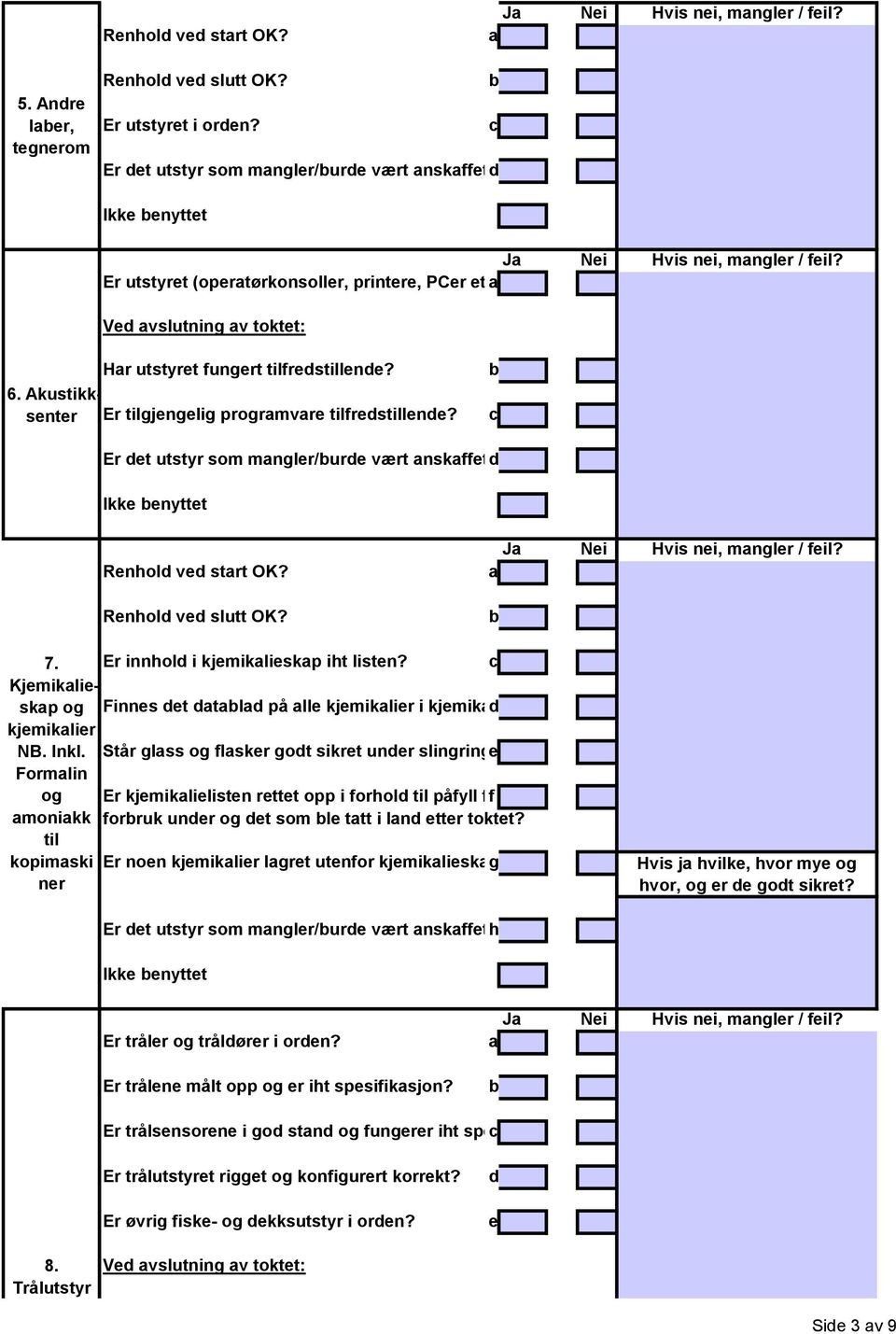 Er et utstyr som mngler/ure vært nskffet? Renhol ve strt OK? Renhol ve slutt OK? 7. Kjemiklieskp og kjemiklier NB. Inkl. Formlin og monikk til kopimski ner Er innhol i kjemiklieskp iht listen?