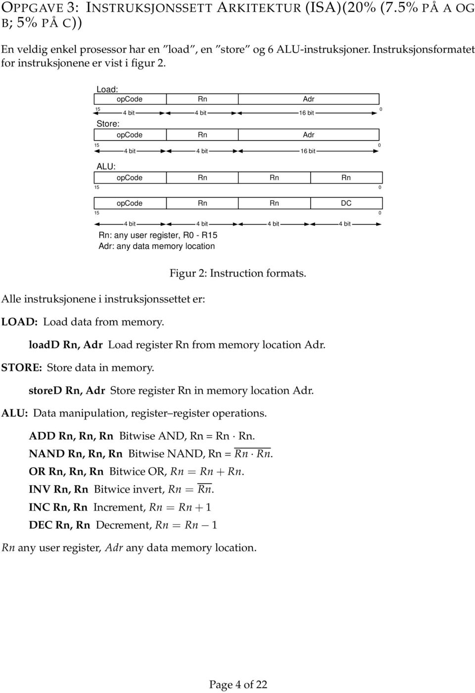 Load: opcode Rn Adr 15 Store: opcode Rn Adr 15 ALU: opcode Rn Rn Rn 15 15 4 bit 4 bit 4 bit 4 bit opcode Rn Rn DC 4 bit 4 bit 4 bit 4 bit Rn: any user register, R0 - R15 Adr: any data memory location