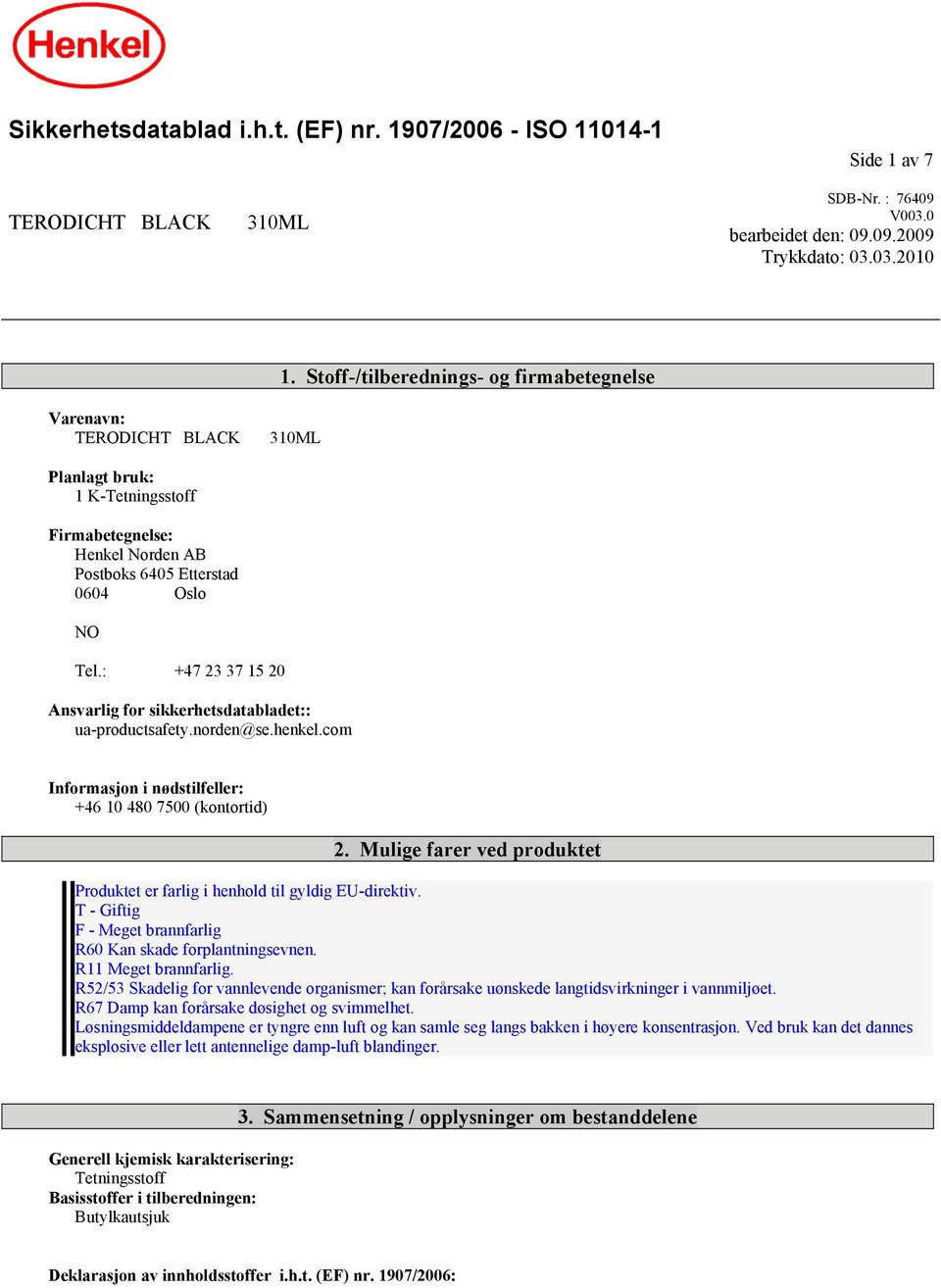 Stoff-/tilberednings- og firmabetegnelse 310ML Tel.: +47 23 37 15 20 Ansvarlig for sikkerhetsdatabladet:: ua-productsafety.norden@se.henkel.