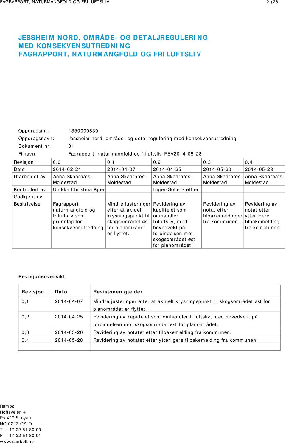 : 01 Filnavn: Fagrapport, naturmangfold og friluftsliv-rev2014-05-28 Revisjon 0,0 0,1 0,2 0,3 0,4 Dato 2014-02-24 2014-04-07 2014-04-25 2014-05-20 2014-05-28 Utarbeidet av Anna Skaarnæs- Moldestad