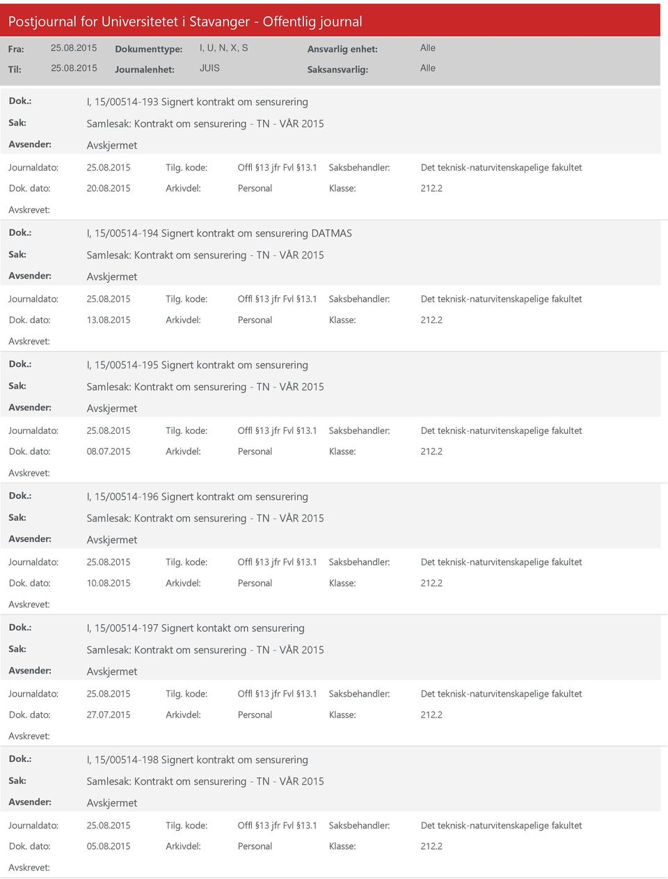 2015 Arkivdel: Personal I, 15/00514-195 Signert kontrakt om sensurering Dok. dato: 08.07.