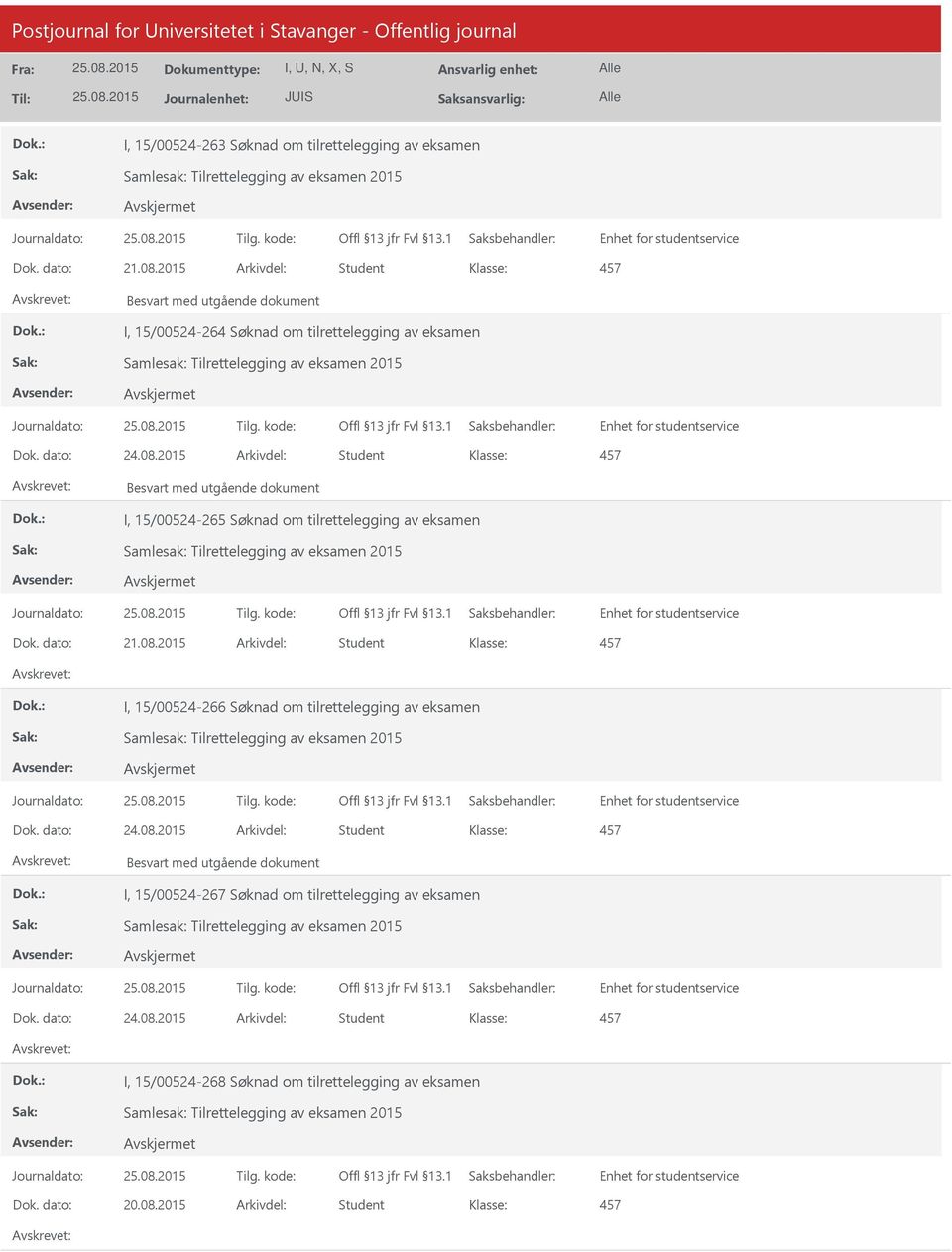 2015 Arkivdel: Student Besvart med utgående dokument I, 15/00524-265 Søknad om tilrettelegging av eksamen Dok. dato: 21.08.