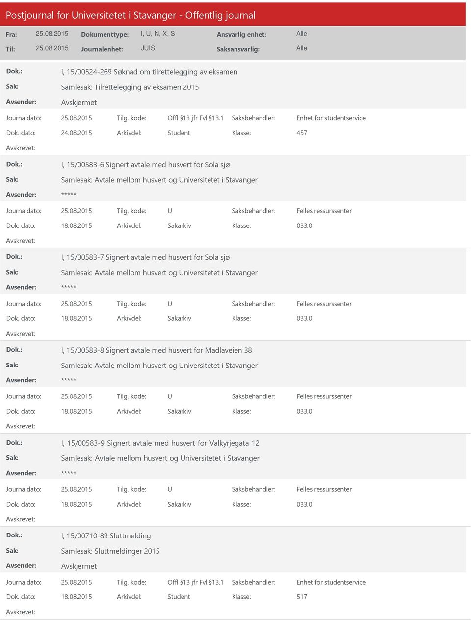 2015 Arkivdel: Sakarkiv 033.0 I, 15/00583-7 Signert avtale med husvert for Sola sjø Samlesak: Avtale mellom husvert og niversitetet i Stavanger ***** Felles ressurssenter Dok. dato: 18.08.