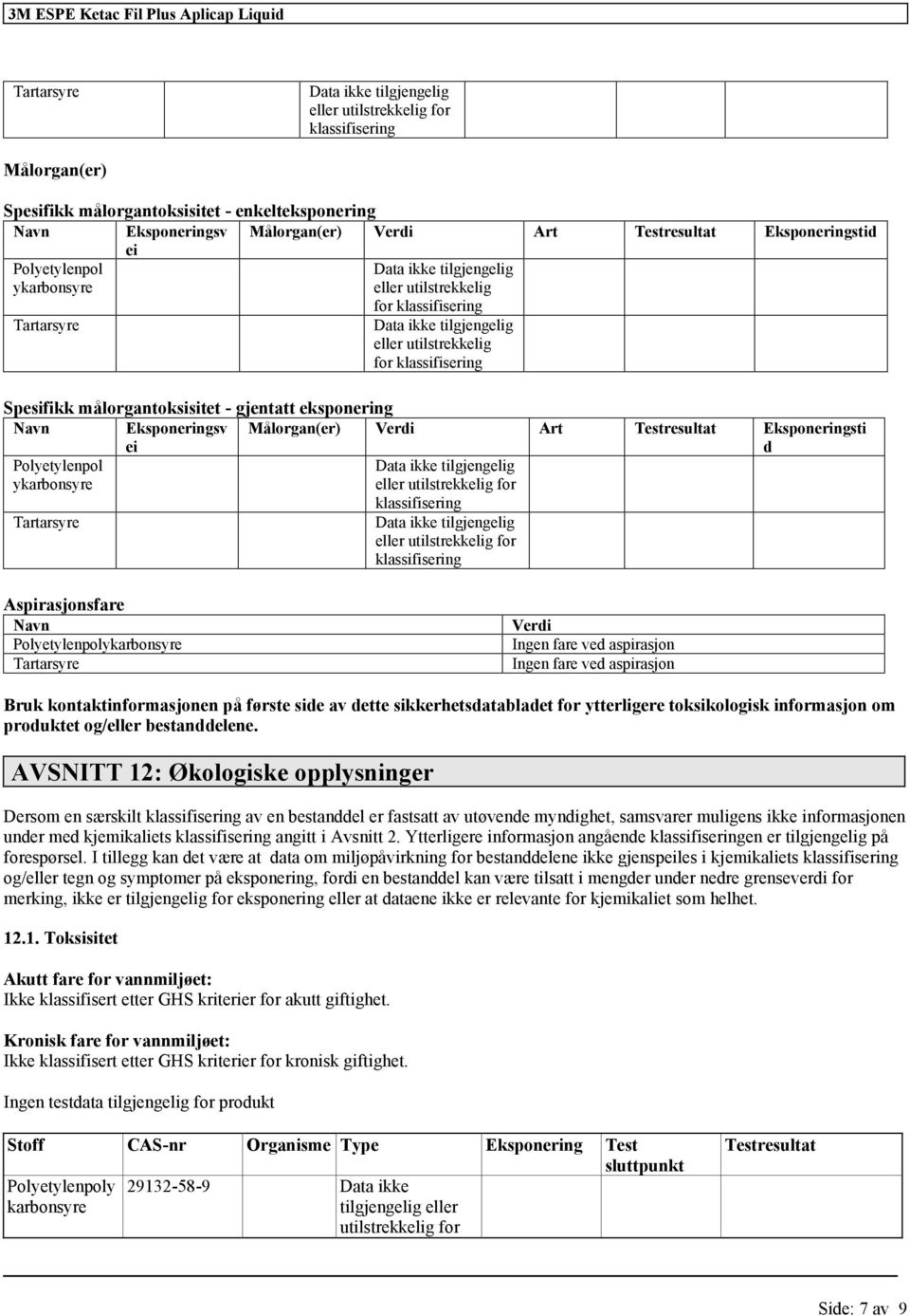 eksponering Navn Eksponeringsv ei Målorgan(er) Verdi Art Testresultat Eksponeringsti d Polyetylenpol ykarbonsyre Data ikke tilgjengelig eller utilstrekkelig for Data ikke tilgjengelig eller