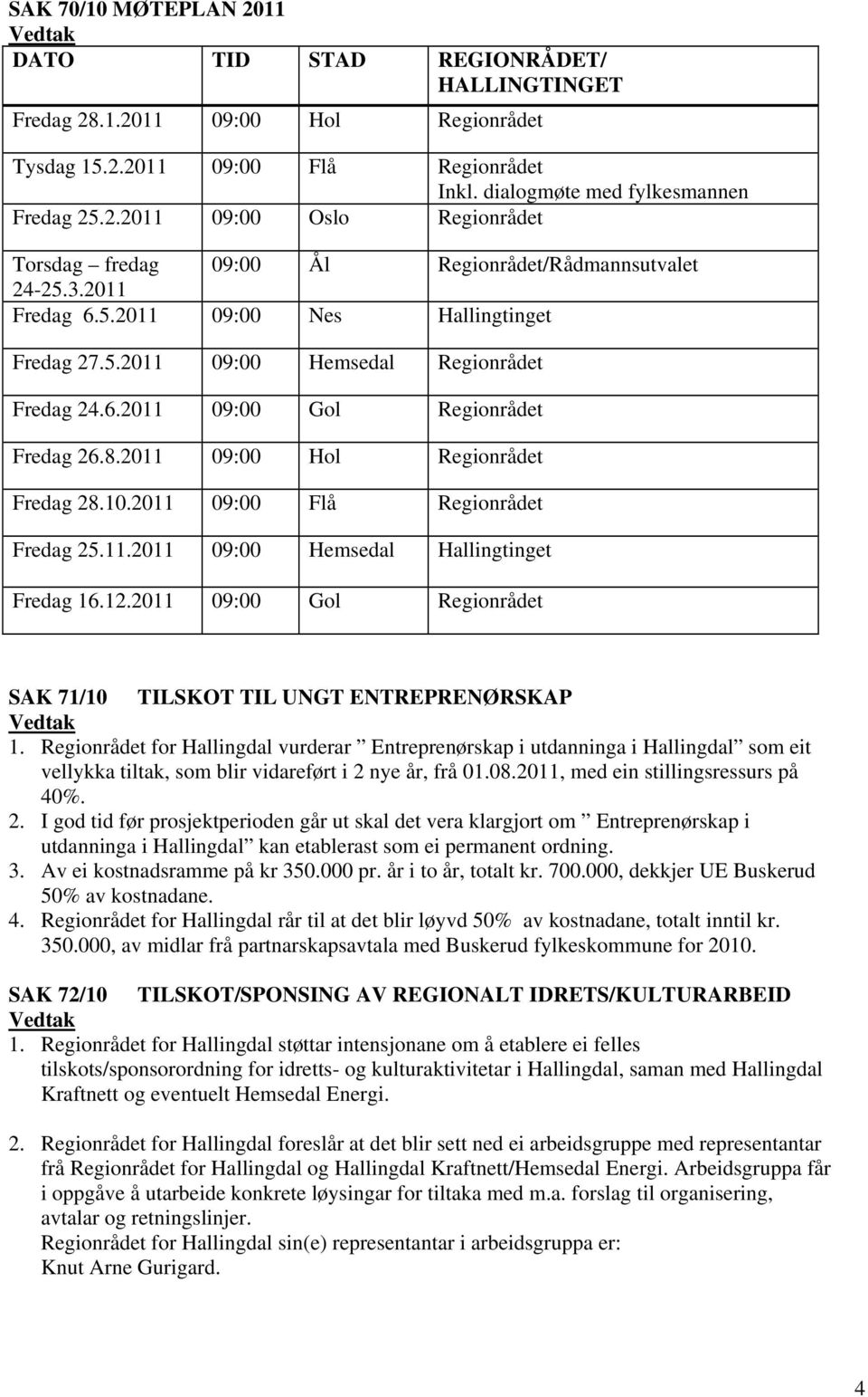 2011 09:00 Flå Regionrådet Fredag 25.11.2011 09:00 Hemsedal Hallingtinget Fredag 16.12.2011 09:00 Gol Regionrådet SAK 71/10 TILSKOT TIL UNGT ENTREPRENØRSKAP 1.