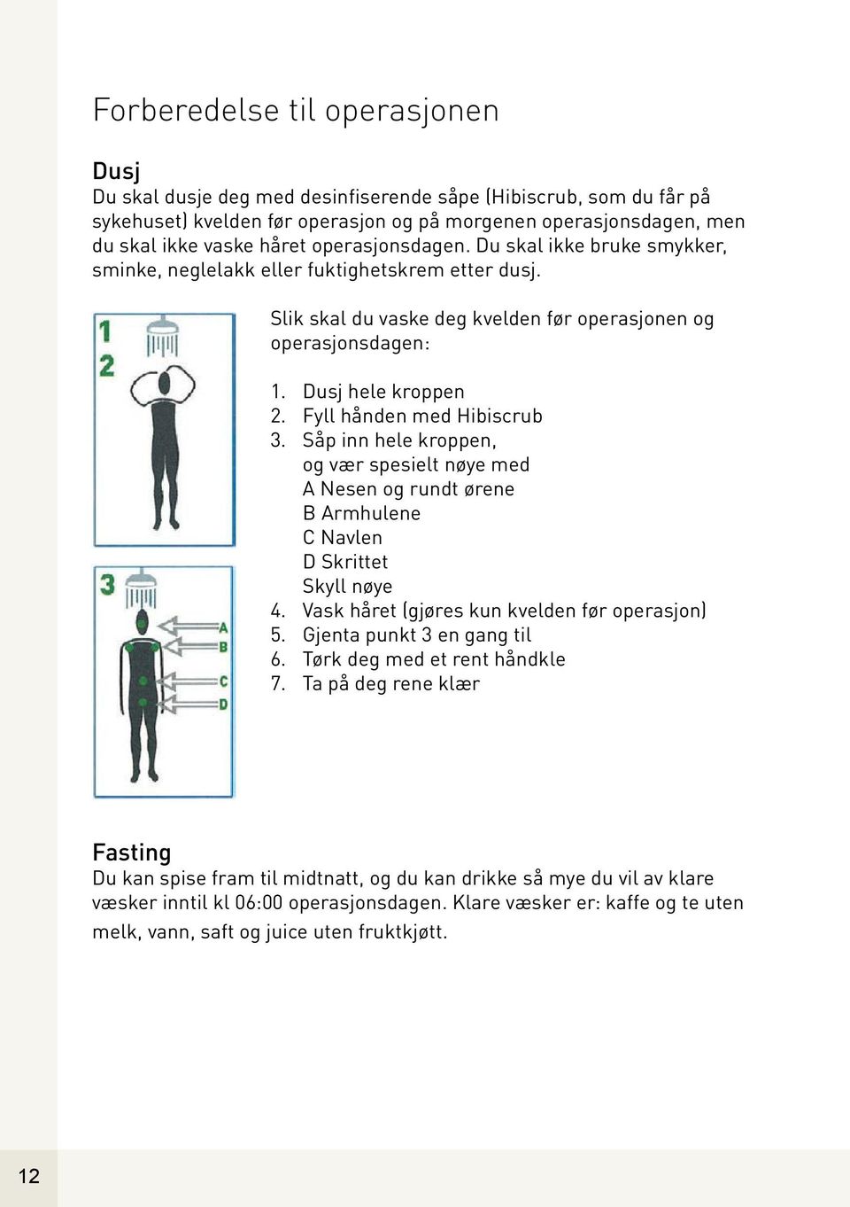 Fyll hånden med Hibiscrub 3. Såp inn hele kroppen, og vær spesielt nøye med A Nesen og rundt ørene B Armhulene C Navlen D Skrittet Skyll nøye 4. Vask håret (gjøres kun kvelden før operasjon) 5.