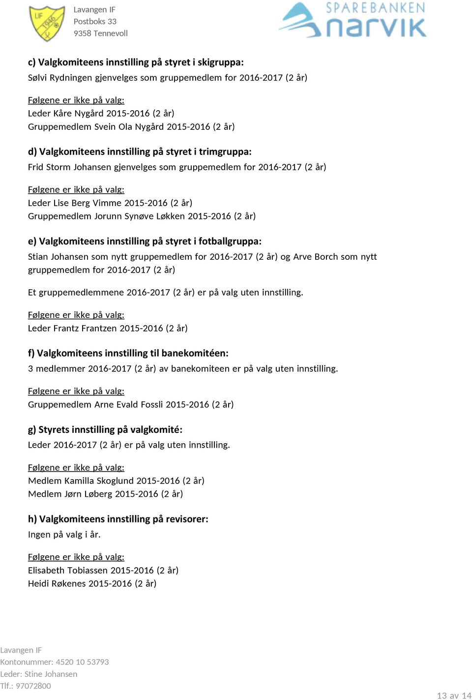 2015-2016 (2 år) Gruppemedlem Jorunn Synøve Løkken 2015-2016 (2 år) e) Valgkomiteens innstilling på styret i fotballgruppa: Stian Johansen som nytt gruppemedlem for 2016-2017 (2 år) og Arve Borch som