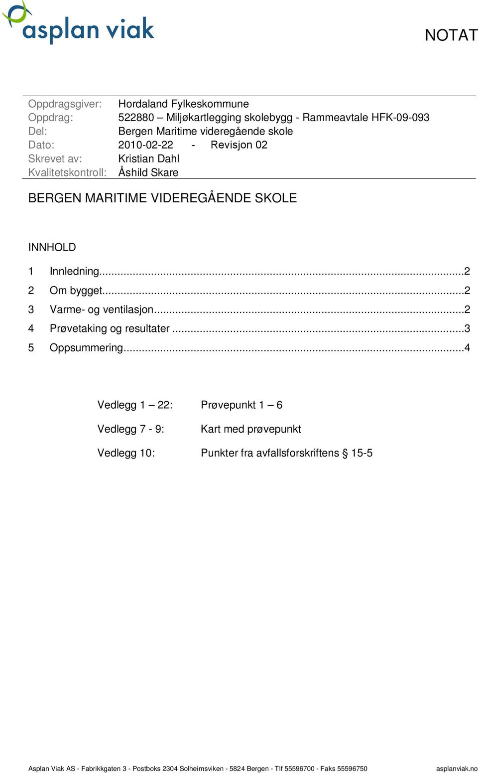 ..2 2 Om bygget...2 3 Varme- og ventilasjon...2 4 Prøvetaking og resultater...3 5 Oppsummering.